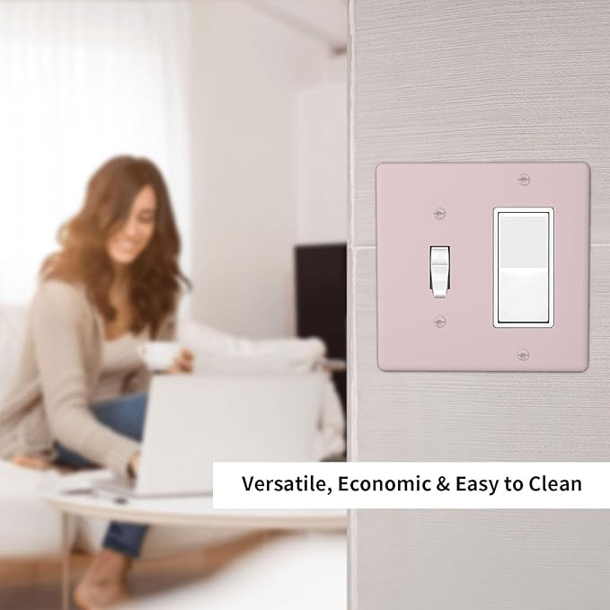 Light Pink 2 Gang Combination Light Switch Cover Decorative 1-Toggle 1-Decorator Combo Wall Plate Solid Girly Elegant Electrical GFCI Receptacle Outlet Faceplate Cover