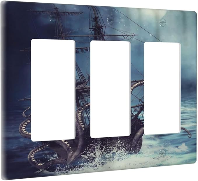 Octopus Ocean Kraken Nautical Pirate Ship 3 Gang Rocker Light Switch Covers Decorative Unique Triple Outlet Wall Plate Cover Faceplate Decorative Switchplate GFCI for Kitchen Bedroom Decor