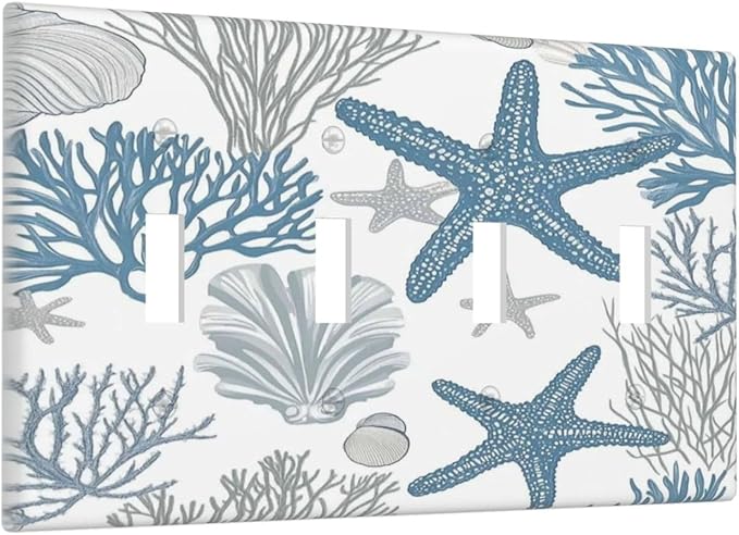 Blue Starfish Nautical Beach Conch Coastal Coral Shell Light Switch Covers Quad Toggle Electrical Faceplate 4 Gang Wall Plate Decorative Switch Plates For Kids Room Bathroom Decor
