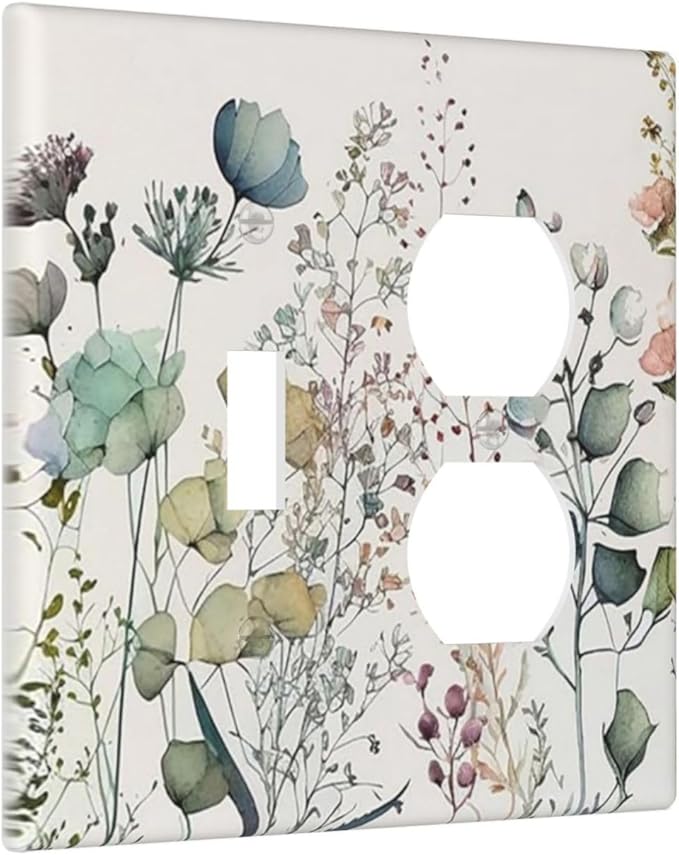 Tan/Beige/Blue Flower Boho Floral Combination 1-Toggle 1-Duplex Receptacle 2 Gang Wall Plate, Rustic Spring WildFlower Blossom 2 Gang Combo Single Toggle/Light Switch One Duplex Outlet Faceplate Cover