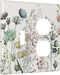 Tan/Beige/Blue Flower Boho Floral Combination 1-Toggle 1-Duplex Receptacle 2 Gang Wall Plate, Rustic Spring WildFlower Blossom 2 Gang Combo Single Toggle/Light Switch One Duplex Outlet Faceplate Cover