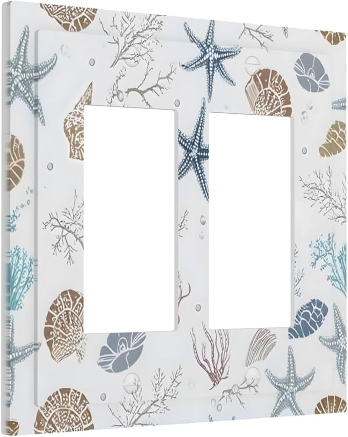Ocean Starfish Seashells Nautical Coastal Sea Coral Decorative Outlet Covers 2 Gang Double GFCI Rocker Electrical Wall Panels Light Switch Cover Plate for Kids Room Nursery Decor