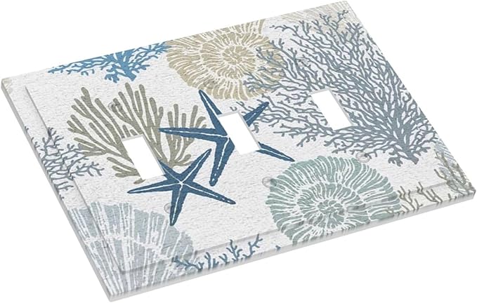 Turquoise Teal Nautical Beach Coral Starfish 3 Gang Decorator Light Switch Plate Outlet Cover, Tropical Blue Sea Ocean Conch Coralline Decorative Triple Toggle Wall Plate Electrical Face Switch Plate