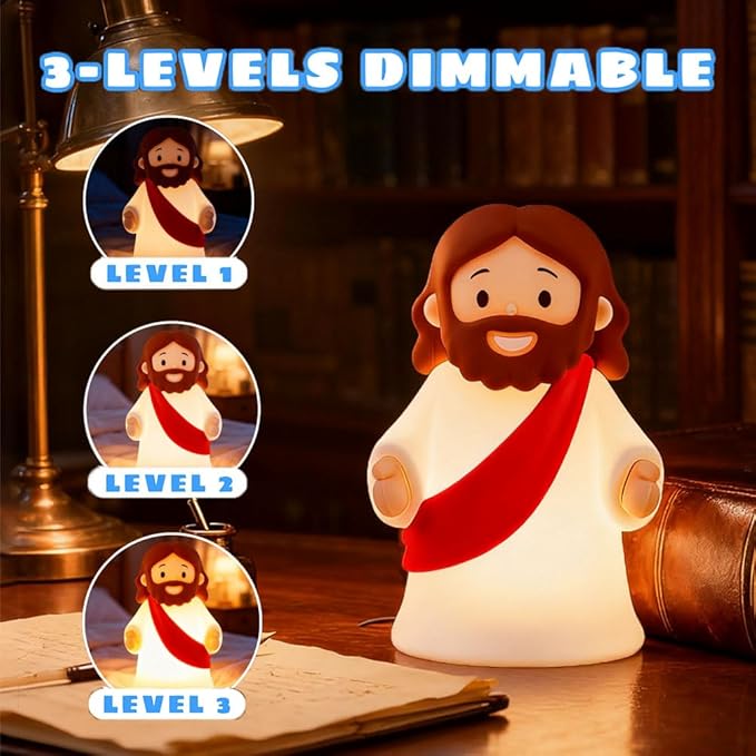 magical JD Little Jesus Night Light, Mini Silicone Jesus Lamp, Dimmable Rechargeable Touch Bedside Lamp for Nursery & Kids, Ideal Religious Gift for Christmas, Easter and Baptism (Red)