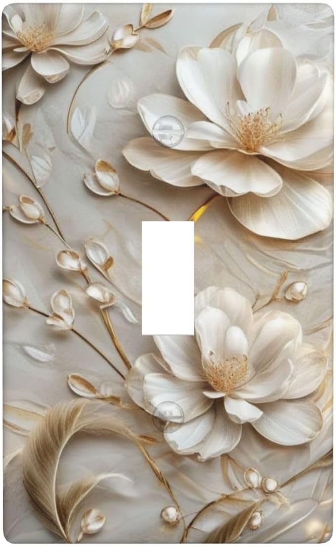 Decorative Art Light Switch Covers Elegant White and Gold Florals Single Toggle Wall Plate Decorative Switchcover Electrical Switchplate for Home Decor