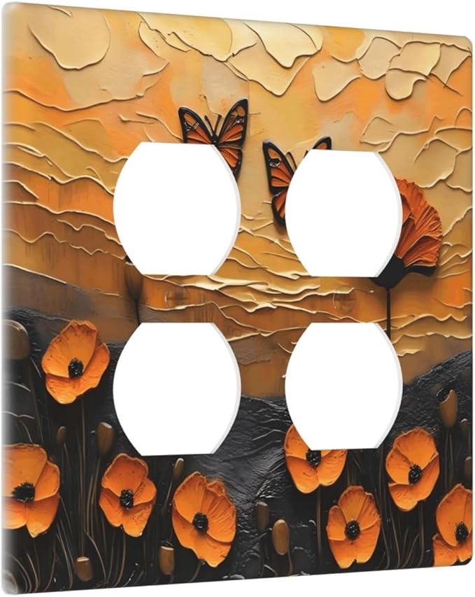 Oil Painting Flower Sunset Butterfly Vintage Rustic Floral Outlet Covers 2 Gang Double Duplex Decorative Light Switch Covers Electrical Wallplates Socket Faceplate for Bedroom Living Room Decor