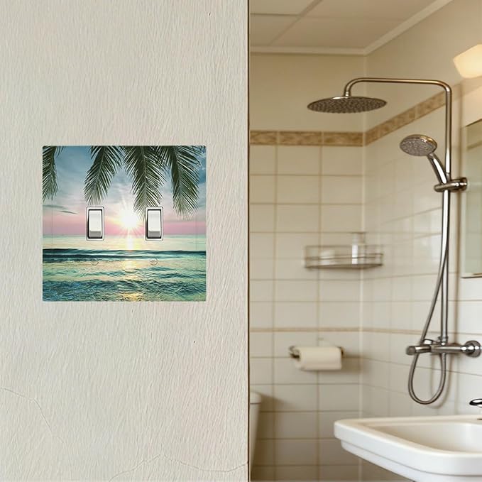 Tropical Beach Sunset Double Toggle Switch Cover - 2-Gang Standard US Size Palm Fringe Ocean View Light Switch Covers for Pool Beach House Decor