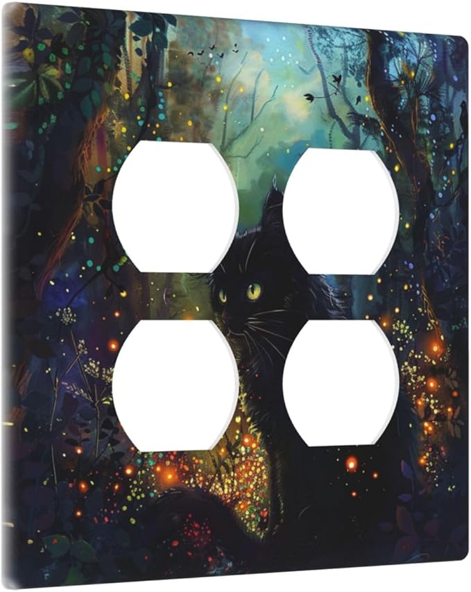 Decorative Outlet Covers Magic Fantasy Forest Mysterious Black Cat 2 Gang Decorative Switch Plate Double Duplex Wall Plates Switch Plates and Outlet Covers for Kid Room Bathroom Decor