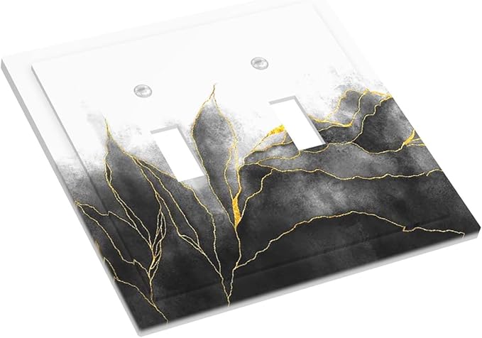 Decorative Switch Plates Black And Gold Marble White Golden Leaves 2 Gang Double Toggle Wall Plate Outlet Light Switch Cover Electrical Faceplate for Bedroom living Room Decor