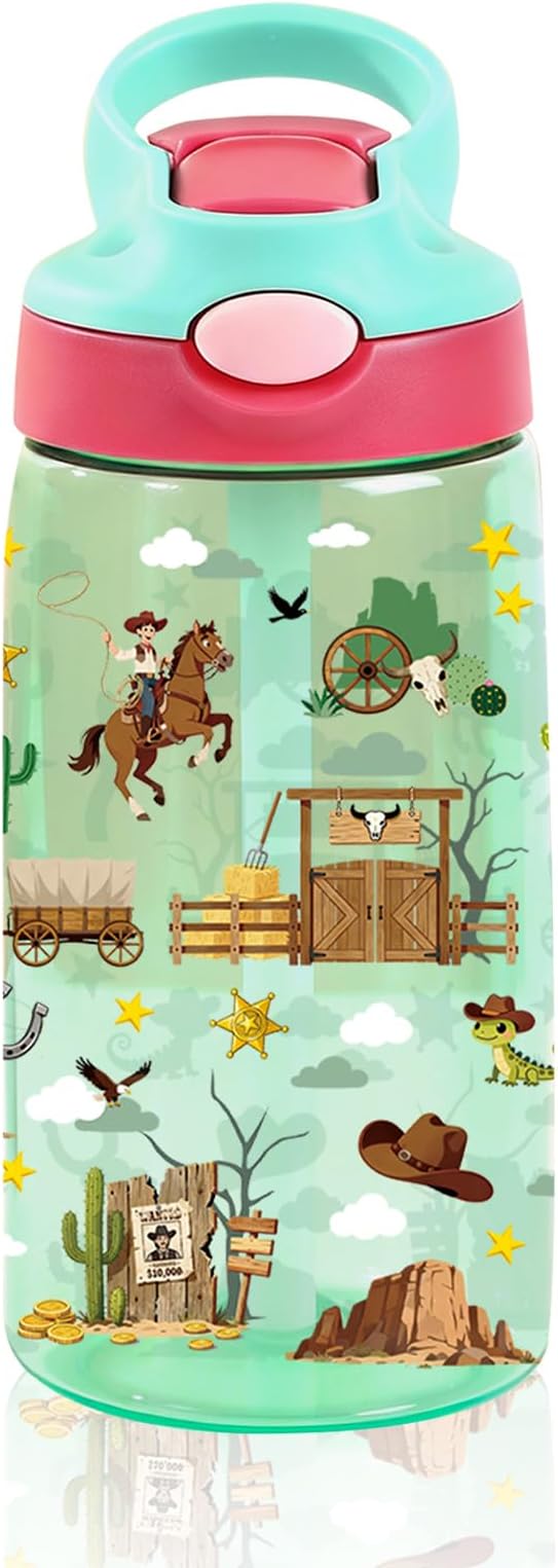 14oz Kids Water Bottle with Straw Lid - Cowboy Water Bottles for Kids, Leakproof, Lightweight, Durable Plastic Bottles for School Travel, Pop-Up Straw Cover, Gift Cup for Boys Girls(Cowboy)