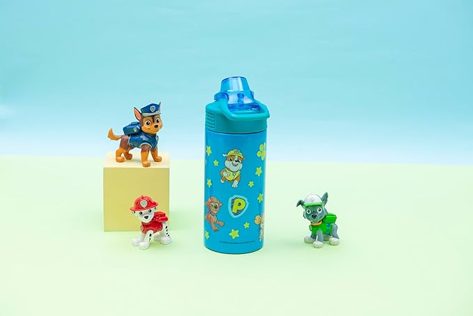 Zak Designs PAW Patrol Sage Kids Water Bottle For School or Travel, 14oz Stainless Steel Water Bottle With Straw, Handle, and Leak-Proof Spout Cover (Chase, Marshall, Skye, Rubble, Rocky, Zuma) | Sage, Kids, For School or Travel, Handle