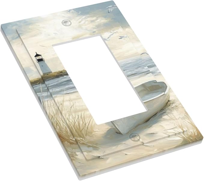 Sea Beach Single Light Switch Cover Plate Old Ship Reed Lighthouse Seascape 1 Gang Rocker Outlet Covers Switchplate Decorative Electrical GFCI Wallplate for Bedroom Kitchen Living Room Decor