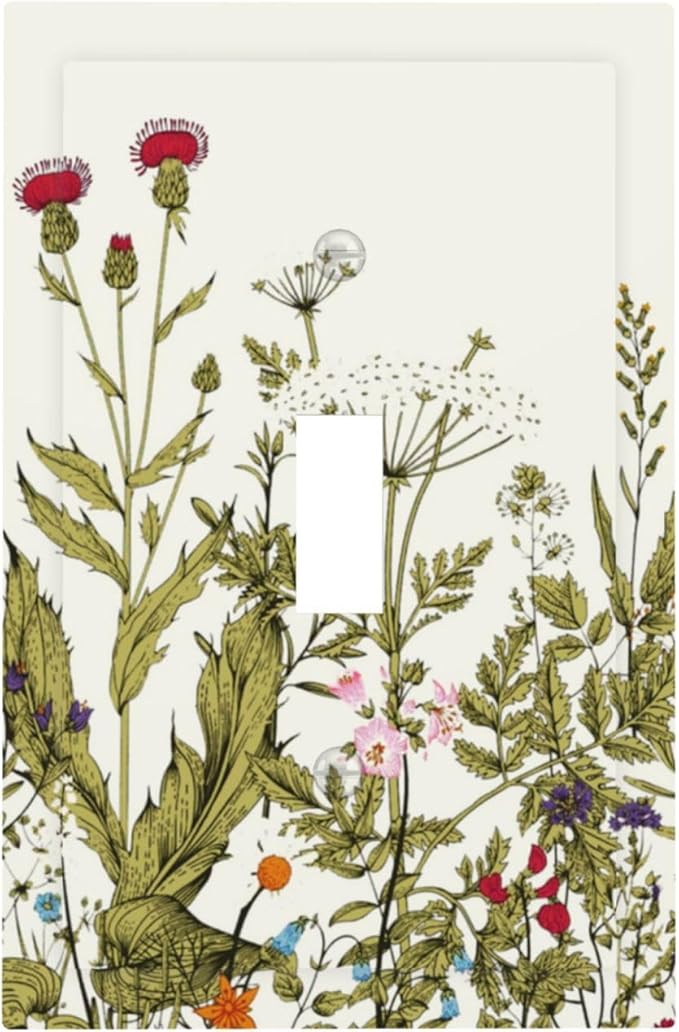 Country Rustic Colorful Flowers Floral 1 Gang Toggle Light Switch Plate and Outlet Cover Spring Garden Botanical Plant Wildflower Blossom Decorative Single Toggle Switch Face Socket Plug Wall Plate