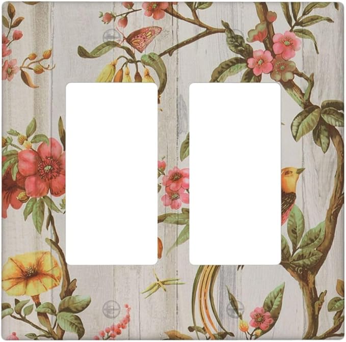 Flowers Bird Tree Retro Spring Floral Branch 2 Gang Double Rocker/Decora Light Switch Cover Decorative Wallplate Oriental Chinese Landscape Drawn Gfci Electrical Faceplate Home Bedroom Art Decor