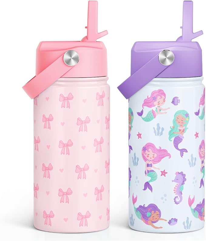 SANDJEST Kids Water Bottle with Straw Lid, Pack of 2 Insulated 12 Oz Stainless Steel Water Bottles for Girls, Travel Cup for School Sports, Bow - Mermaid