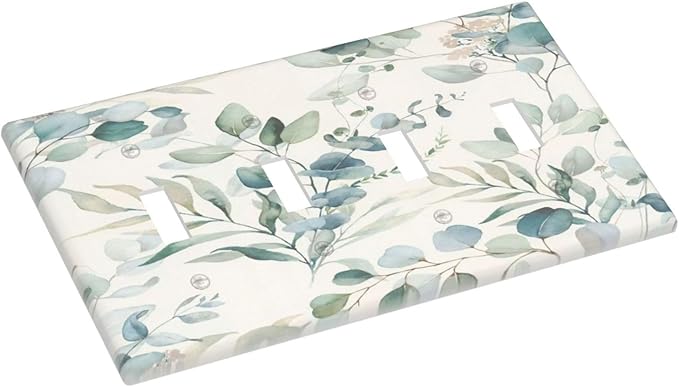 Boho Green White Eucalyptus Leaf Floral Light Switch Covers Quad Toggle Electrical Faceplate 4 Gang Wall Plate Decorative Switch Plates Cover for Farmhouse Living Room Decor
