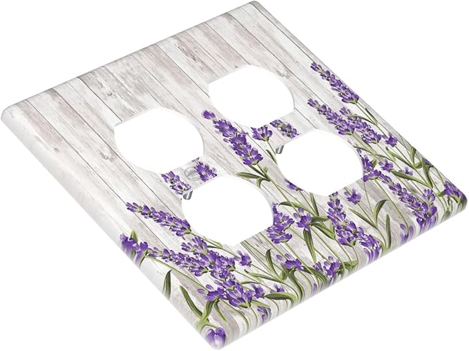 Purple Lavender Rustic Wooden Flowers Floral Plant Outlet Covers 2 Gang Double Duplex Decorative Light Switch Covers Electrical Wallplates Socket Faceplate for Farmhouse Living Room Decor