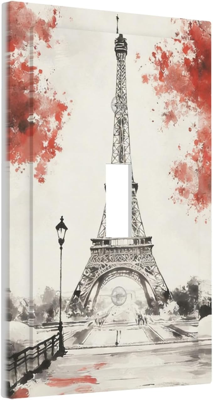 Parisian Watercolor Eiffel Tower 1-Gang Toggle Light Switch Plate, Paris Cherry Blossoms Romantic Vintage French Watercolor Decorative Wall Plate for Bedroom Decor