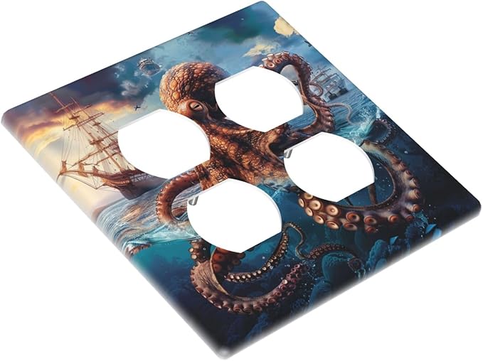 Decorative Light Switch Cover Plate Deep Ocean Octopus Sailboat Sea Monster 2 Gang Decorative Switch Plates 1 Toggle Duplex Combo Outlet Covers GFCI Plug Covers Wallplates for Bathroom Bedroom Decor