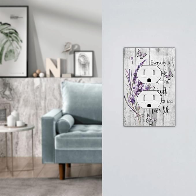 Outlet Covers Purple Lavender Flower Butterfly on Wood Plank 1 Gang Duplex Light Switch Cover Plate Inspirational quotation Floral Decorative Wall Plates Electrical Switchplate Receptacle Cover