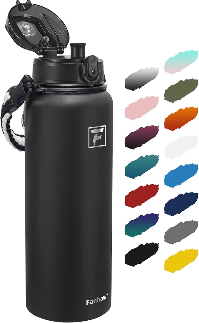 Fanhaw 40 oz Insulated Stainless Steel Water Bottle with Chug Lid, Leakproof & Sweat-Free Extra-Large Metal Bottle for Outdoor, Hiking & Gym (Black)