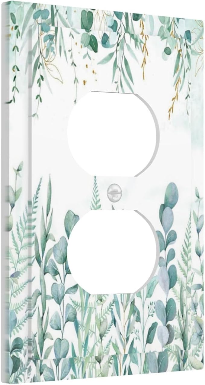 Boho Green Eucalyptus Leaf Floral Sage Flower Outlet Covers 1 Gang Duplex Light Switch Cover Decorative Switch Plates Electrical Receptacle Faceplate Wall Plate for Bedroom Living Room Decor