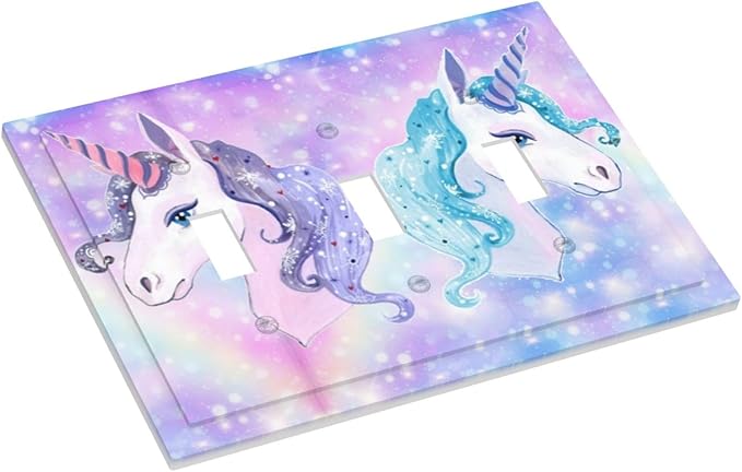 Cute Colorful Purple/Blue Rainbow Unicorn 3 Gang Toggle Light Switch Cover, Cute Kid Girls Girly Fantasy Decorative Three Device Triple Toggle Switch Face Wall Plate Electrical Decorator Outlet Cover