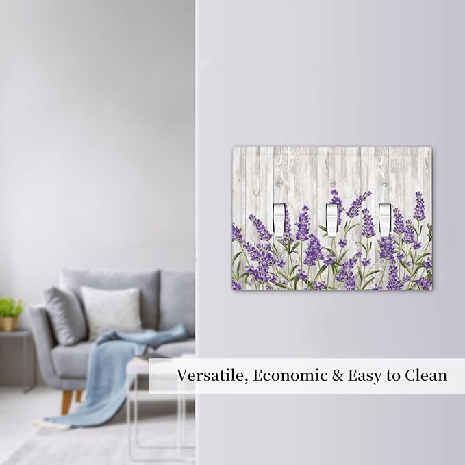 Purple Lavender Rustic Wooden Flowers Floral Plant Decorative Switch Plates 3 Gang Wall Plate Triple Toggle Light Switch Cover Faceplate Electrical Wall Panels for Farmhouse Living Room Decor