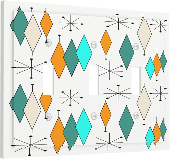 Teal/Green Mid Century Boho Abstract Triple Toggle Decorator Outlet Light Switch Wall Plate Cover 1960s Atomic Diamond Stars Pattern Art Jumbo Decorative 3 Gang Three Device Receptacle Faceplate Cover