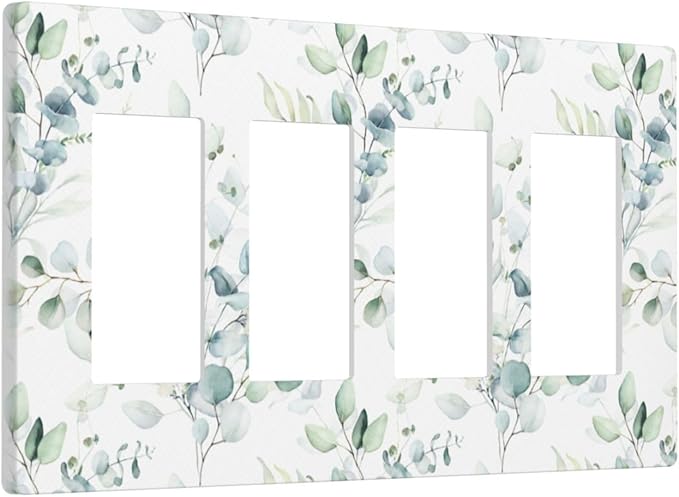 Green Eucalyptus Leaf 4 Gang Quad Rocker/GFCI/Decorator Light Switch Cover Plate Decorative Electric Faceplate Decorative Switchplate Screwless