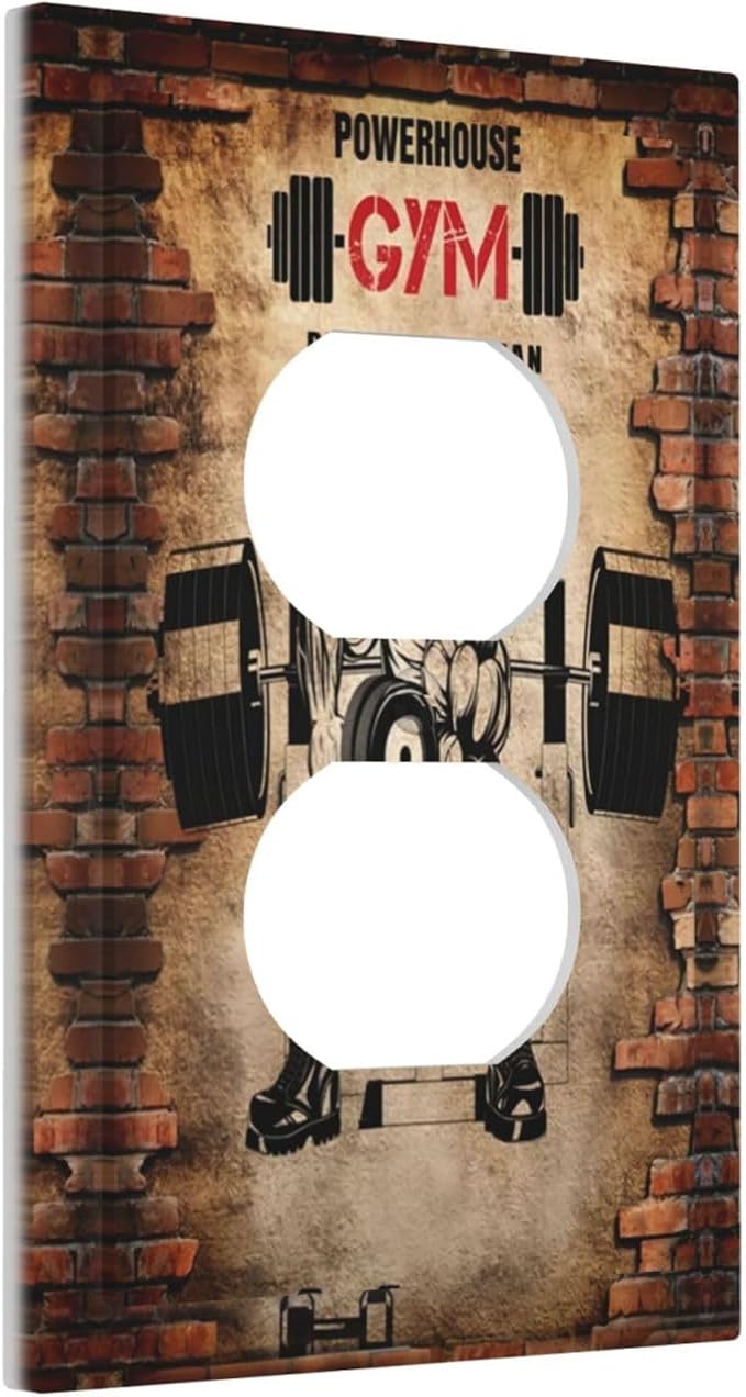 Vintage Gym Retro Brick Dumbbell Muscular Man 1 Gang Outlet Plate Duplex Decorative Art Outlet Covers Electrical Receptacle Lightswitch Faceplate Dimmer for Bedroom Boyroom Bathroom Decor