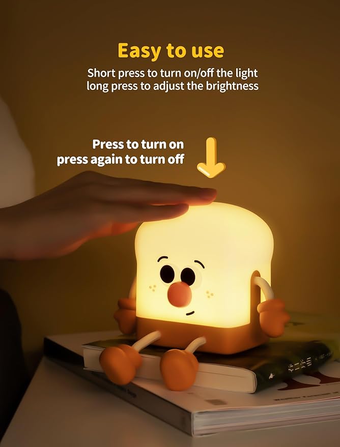 Toast Night Light for Kids, Rechargeable Bedside Table Lamp, Portable Night Lamps, Cute Nursery Night Lights for Bedroom, Office, Desk Lamp Funny Gifts for Baby, Teens, Adults