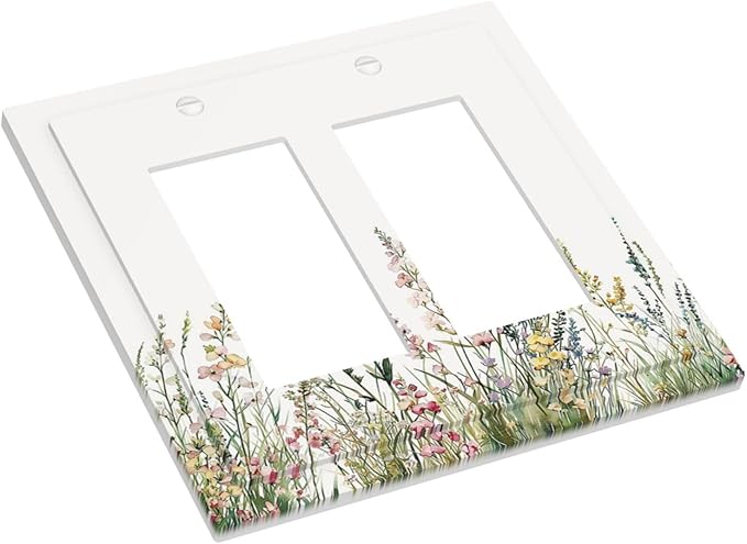 Decorative Outlet Covers Boho Wildflower Green Leaves Rustic Floral Botanical 2 Gang Double GFCI Rocker Electrical Wall Panels Light Switch Cover Plate for Bedroom living Room Decor