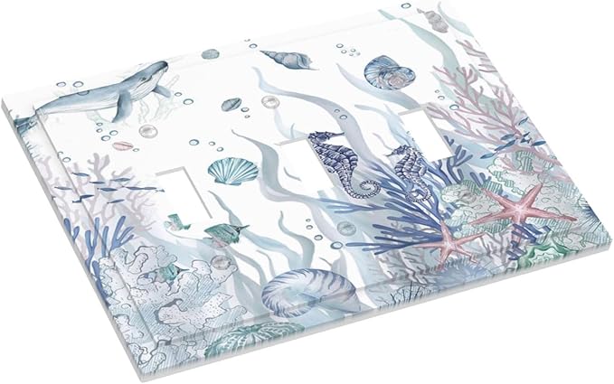 Ocean Themed Coral Seahorse Seashell Starfish Beach Decorative Switch Plates 3 Gang Wall Plate Triple Toggle Light Switch Cover Faceplate Electrical Wall Panels for Bathroom Home Decor