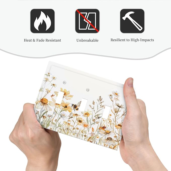 Yellow White Daisy Floral Bee Wild Flower Decorative Switch Plates 3 Gang Wall Plate Triple Toggle Light Switch Cover Faceplate Electrical Wall Panels for Bedroom Living Room Decor