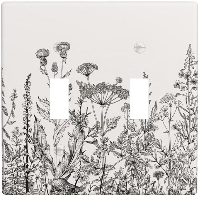 Gray Vintage Floral 2-Gang Double Toggle Switch Plate, Neutral Cottage Garden Retro Wildflower Wall Plate for Home, Bedroom, Sunroom & Bathroom