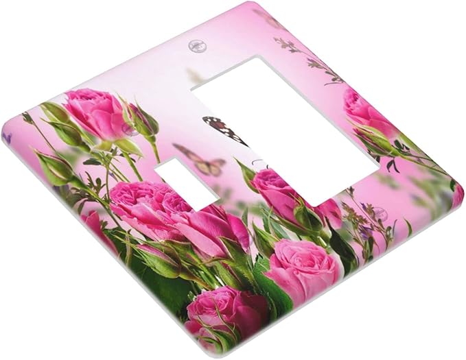 Pink Rose 2 Gang Single Toggle/Rocker Combination Light Switch Cover Decorative Wall Plate Faceplate Floral Butterfly Boys Kids Teen Girl Bedroom Room Decorate 4.5" x 4.5