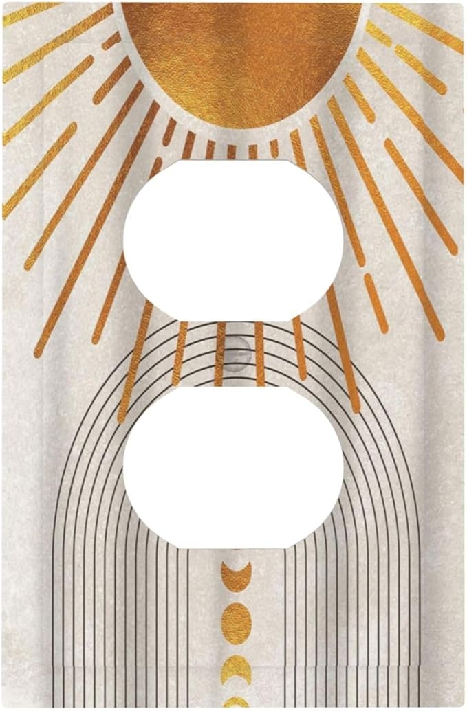 Mid Century Gold Sun Abstract Arch Boho Moon 1 Gang Outlet Plate Decorative Single Duplex Wall Plate Covers Unique Electrical Receptacle Light Switch Cover Art Faceplate Switchplate for Bedroom Decor
