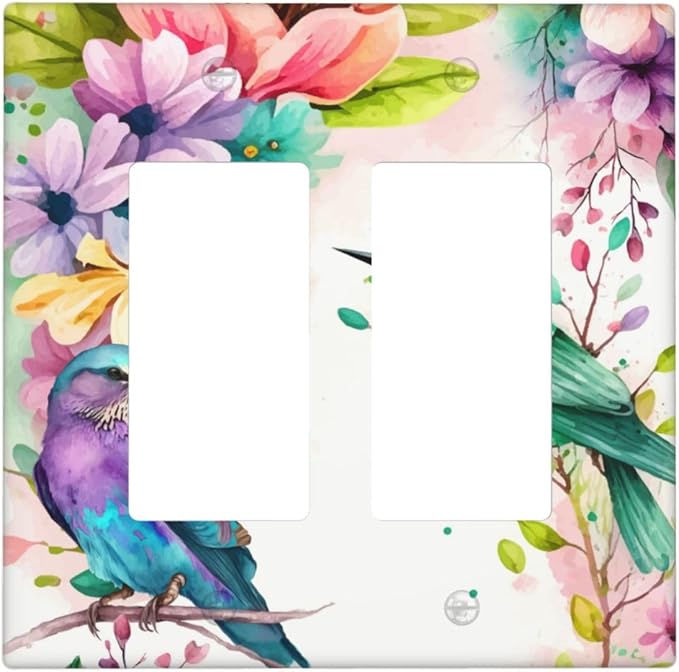 Bird Floral Flower Double Gang Rocker Decorative Light Switch Cover, 2-Gang Wall Plate Outlet Cover