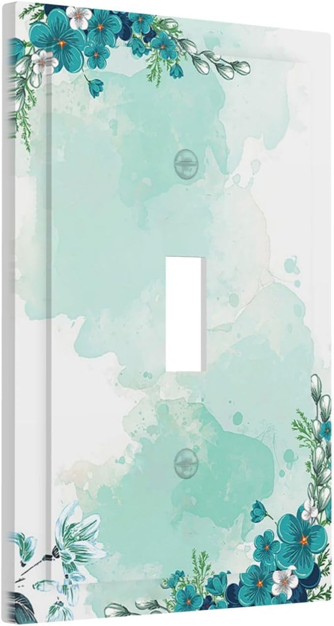 Decorative Light Switch Cover Blue Green Flowers Light Green Watercolor Patterns 1 Gang Single Toggle Decorator Outlet Wall Plate Device Electrical Faceplate Switchplates for Bedroom Home