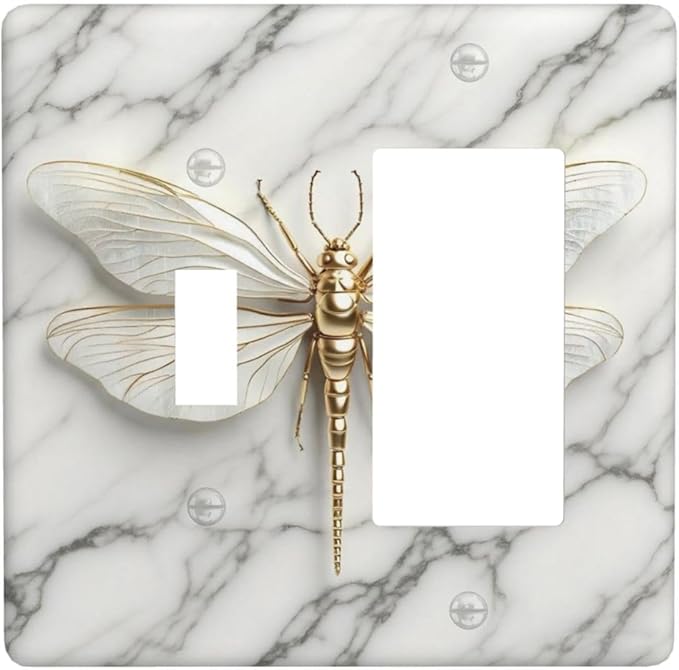 White Gold Marble Dragonfly Abstract Modern Outlet Covers 1 Toggle 1 Rocker Combination Decorative Wall Plate Electrical Switch Plates Light Switch Cover Plate for Bathroom Home Decor