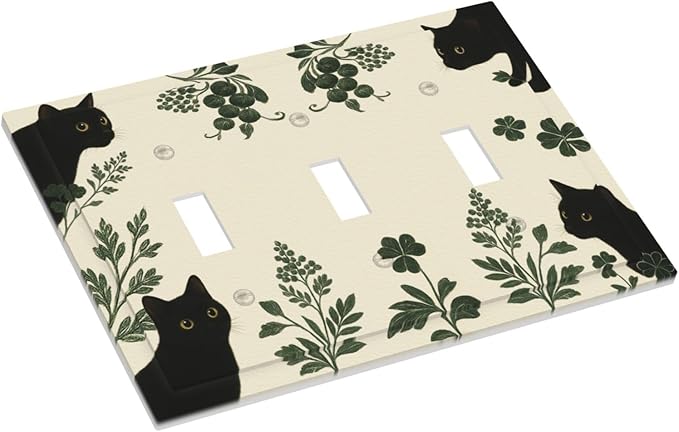 Decorative Light Switch Cover Plate Funny Black Cat Green Leaf 3 Gang Wall Plates for Electrical Outlets Triple Toggle Switch Plate Covers Outlet Covers Faceplate for Bedroom Home Decor