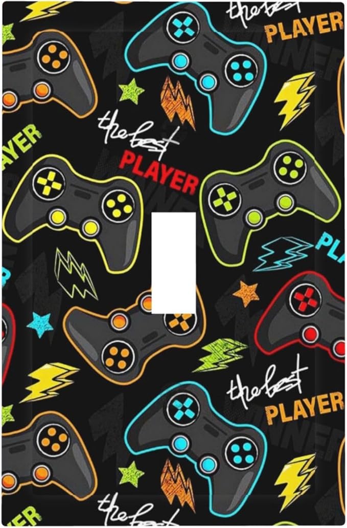 Funny Graffiti Video Games Controller Gaming Gamer Teen Kids Boys Gamepad 1 Gang Single Toggle Outlet Light Switch Wall Plate Outlet Cover Electrical Faceplate Decorative Switchplate Playroom Decor