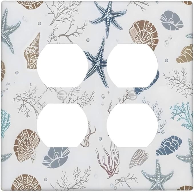 Ocean Starfish Seashells Nautical Coastal Sea Coral Outlet Covers 2 Gang Double Duplex Decorative Light Switch Covers Electrical Wallplates Socket Faceplate for Kids Room Nursery Decor