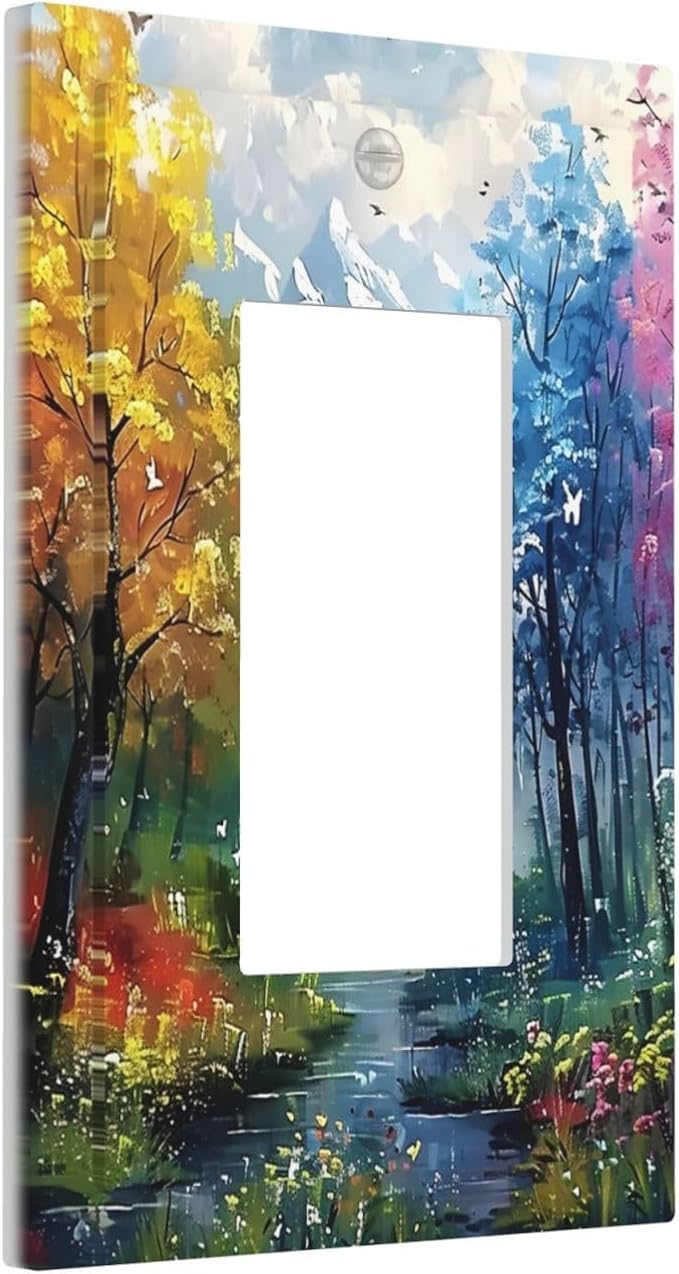 Colorful Forest Snow Mountain River Oil Painting Style Decorative Outlet Covers 1 Gang Single Rocker Light Switch Cover Plate Wall Plates GFCI Faceplate for Bedroom Living Room Decor