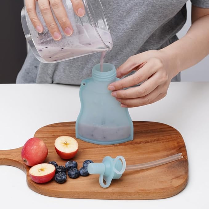 Haakaa Silicone Yummy Pouch 4.5 oz – Reusable Silicone Snack & Smoothie Pouch, Refillable, Leak-Resistant, Dishwasher Safe, Eco-Friendly Food Storage for Kids & Toddlers (4-PK, Mist Blue)