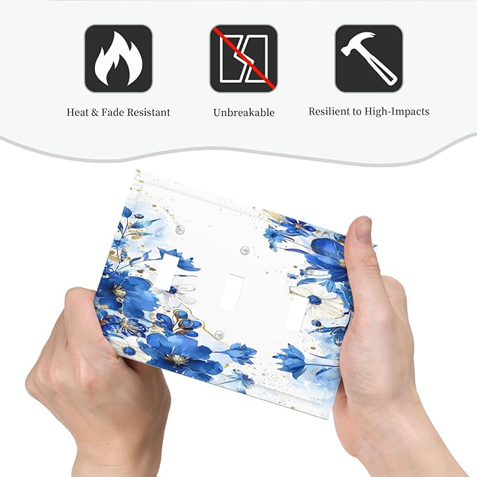 Klein Blue Flowers Watercolor Golden White Floral Decorative Switch Plates 3 Gang Wall Plate Triple Toggle Light Switch Cover Faceplate Electrical Wall Panels for Bedroom Living Room Decor