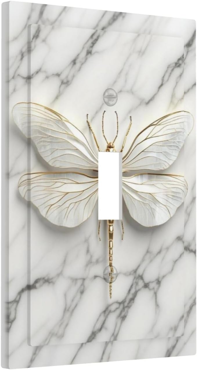 White Gold Marble Dragonfly Abstract Modern Decorative Light Switch Cover 1 Gang Single Toggle Device Electrical Faceplate Switchplates Decorator Outlet Wall Plate for Bathroom Home Decor