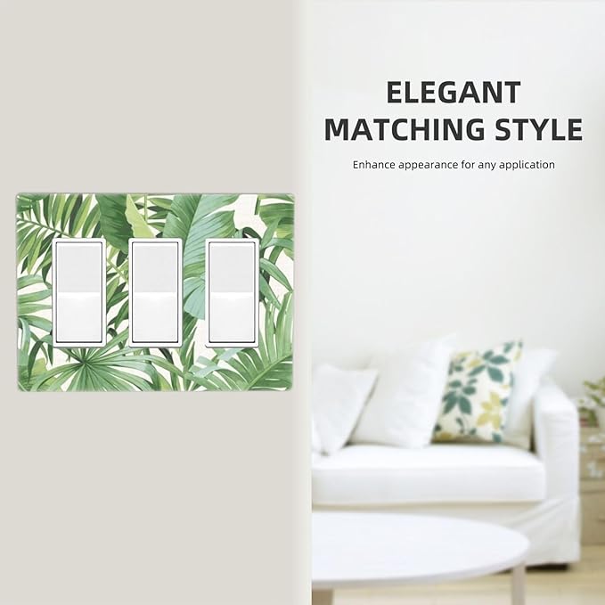 Green Monstera Leaf Tropical Palm Trees Leaf 3 Gang Screwless Triple GFCI Decorator/Rocker Light Switch Wall Plate Wild Jungle Botanical Plant Decorative Dual Device Receptacle Faceplate Outlet Cover