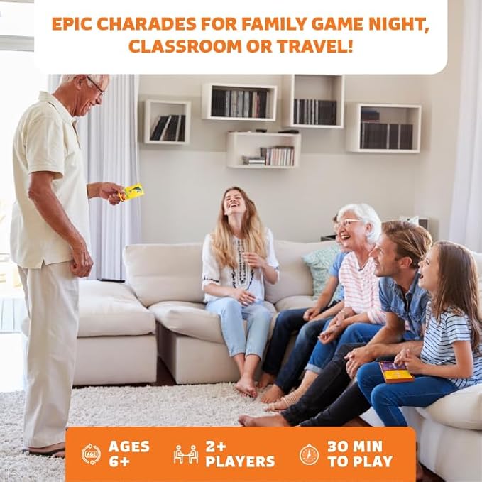 Epic Charades Mini Game for Kids Ages 6+ – Travel-Friendly Mini Edition – 80 Act Out & Explain Cards with Illustrations & Timer – Fun Educational Game for Family, Party, Classroom, Car Trips & Travel
